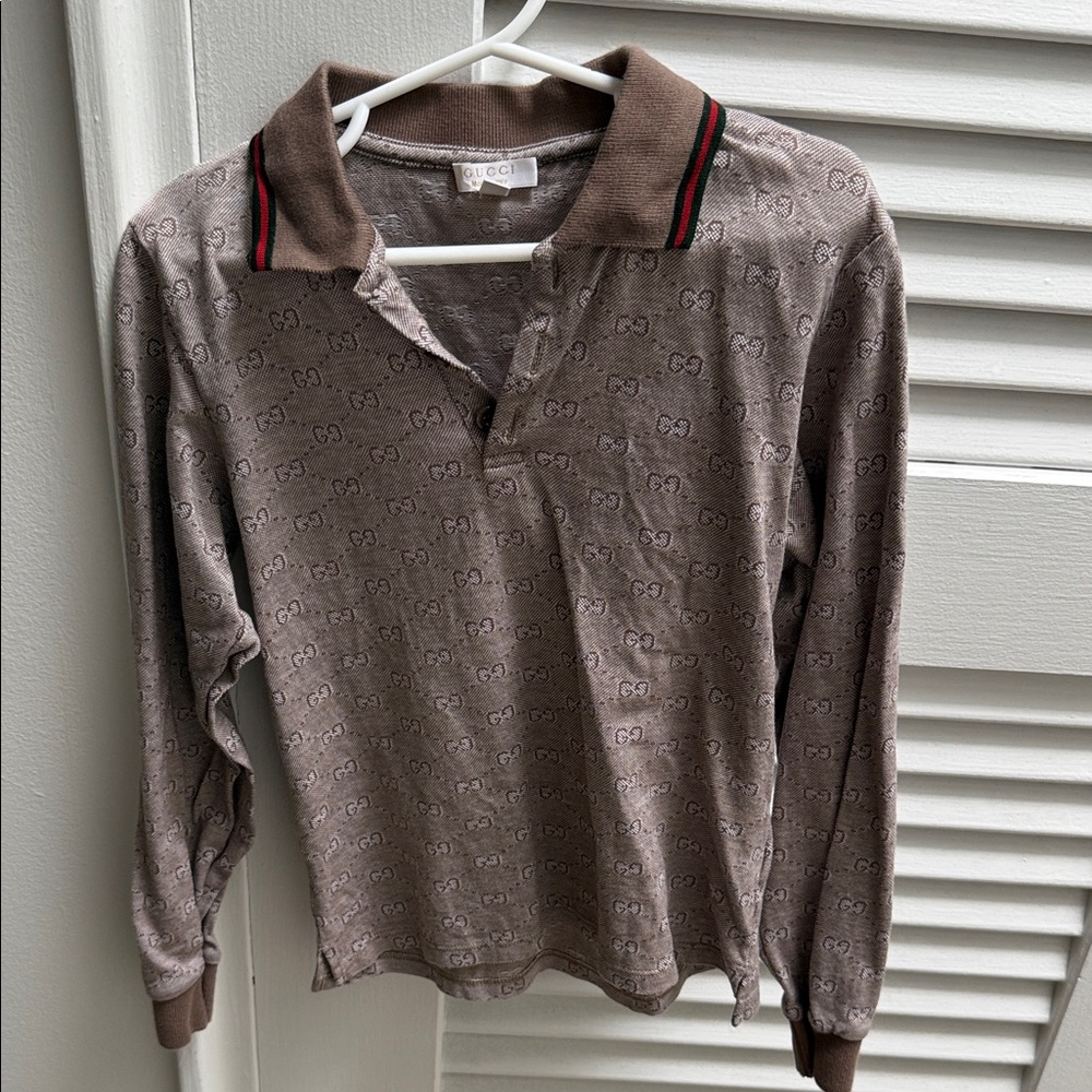 Gucci Taupe Monogram Long Sleeve Polo
